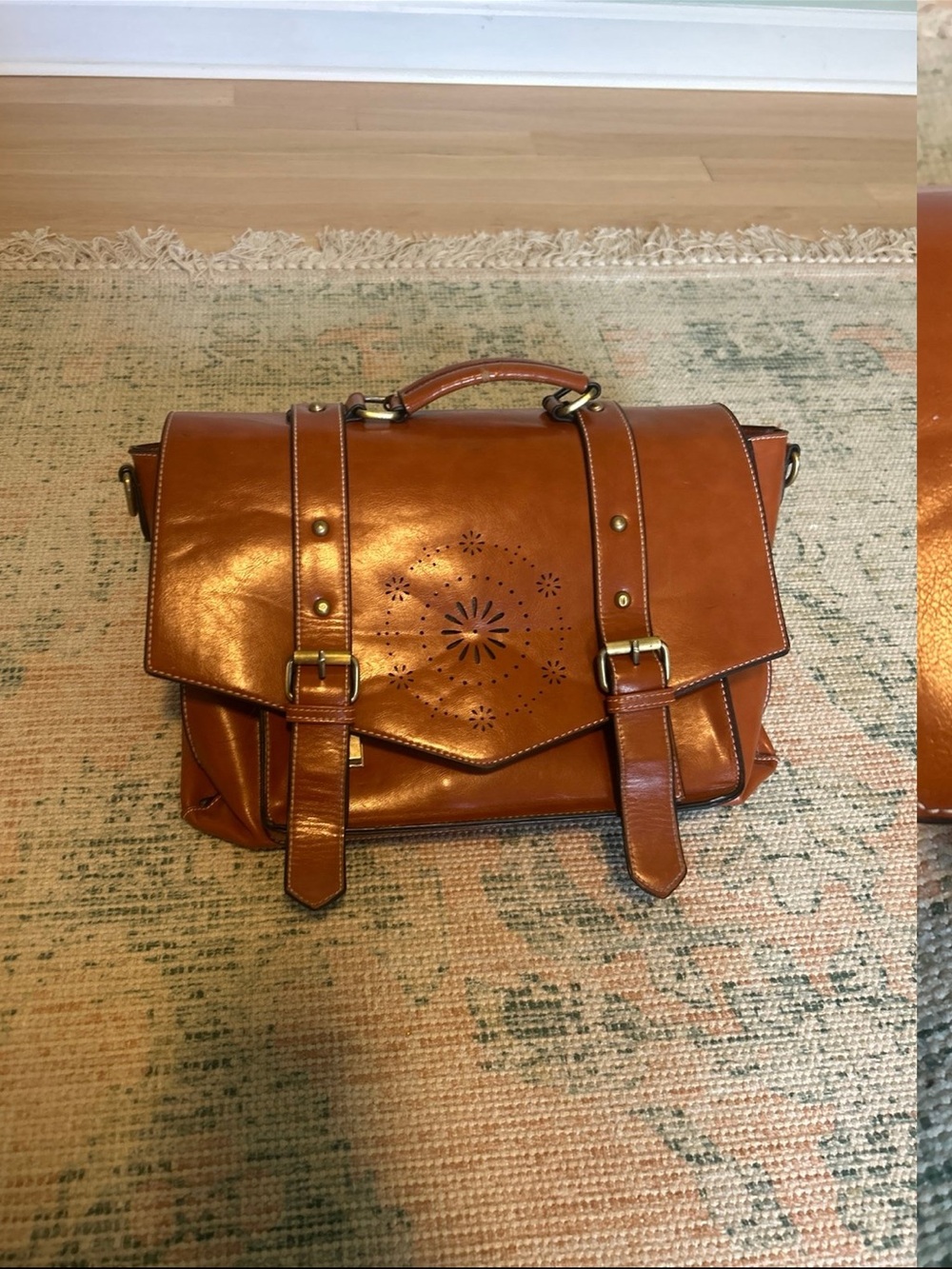 Brown Leather Laptop Satchel with Perforated Accent
